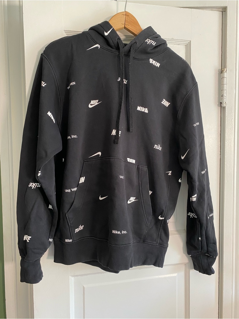 Nike swoosh Black Hoodie with White Logo Allover Print